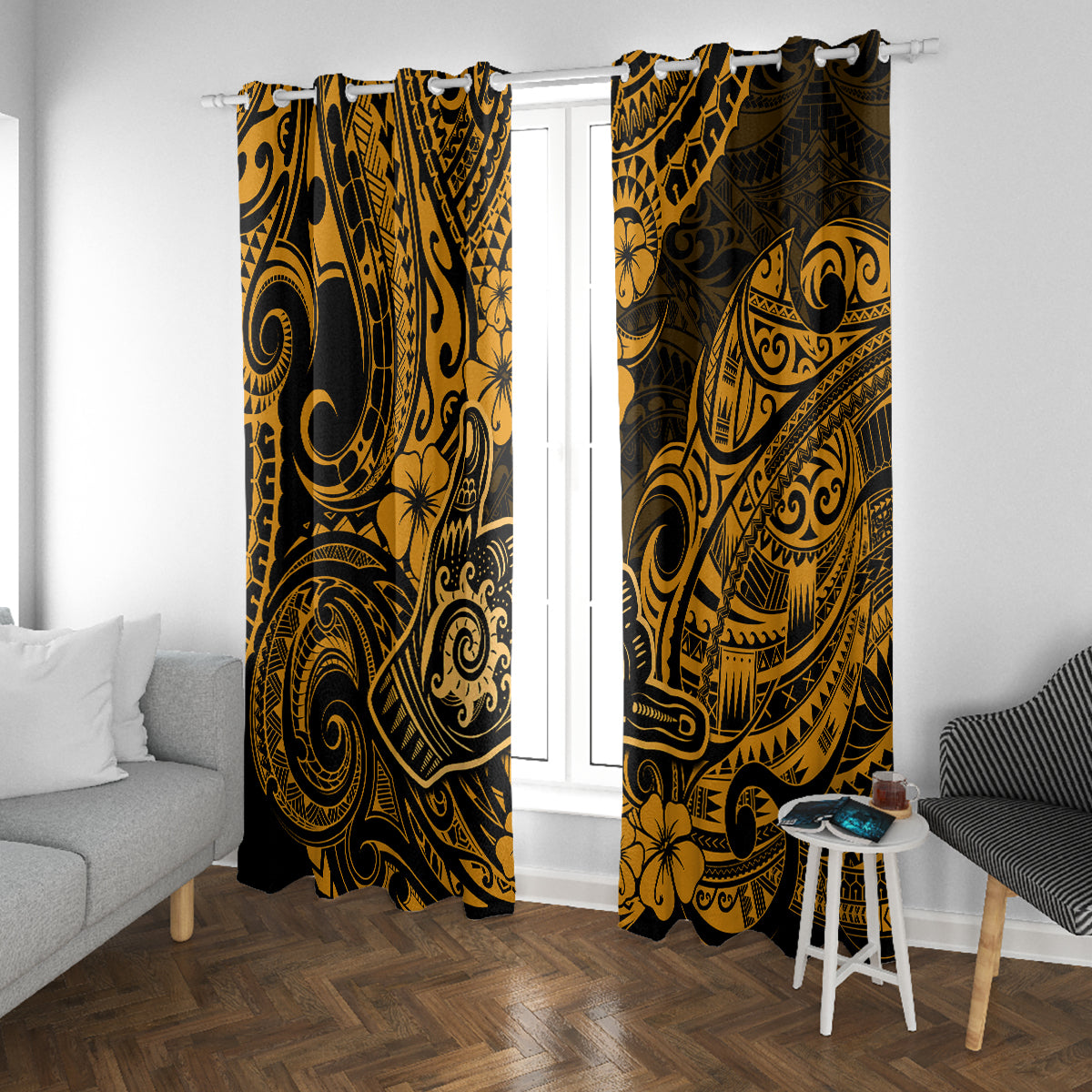 Hawaii Shaka Sign Window Curtain With Polynesian Hibiscus Gold Unique LT01 Grommets Gold - Polynesian Pride