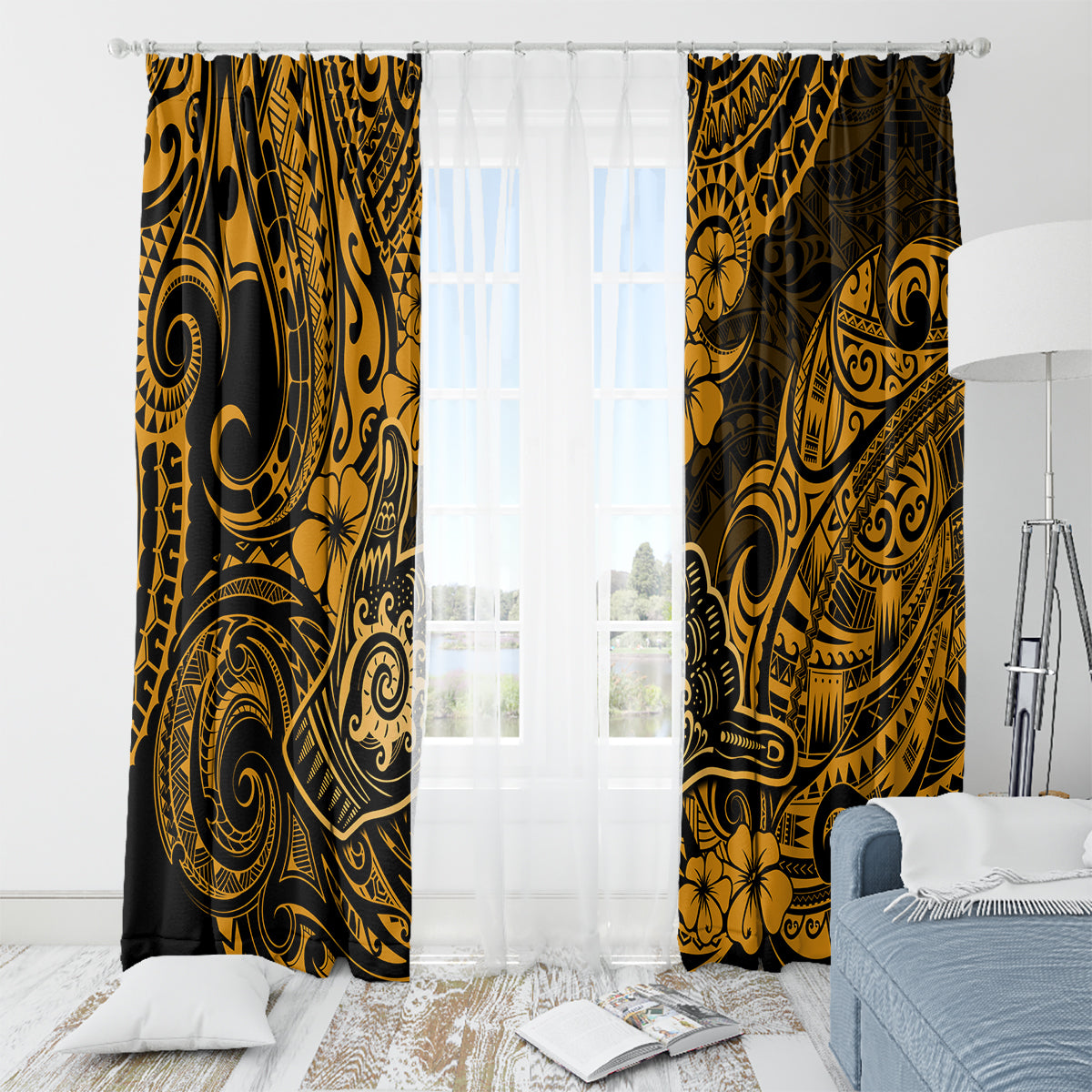 Hawaii Shaka Sign Window Curtain With Polynesian Hibiscus Gold Unique LT01 - Polynesian Pride