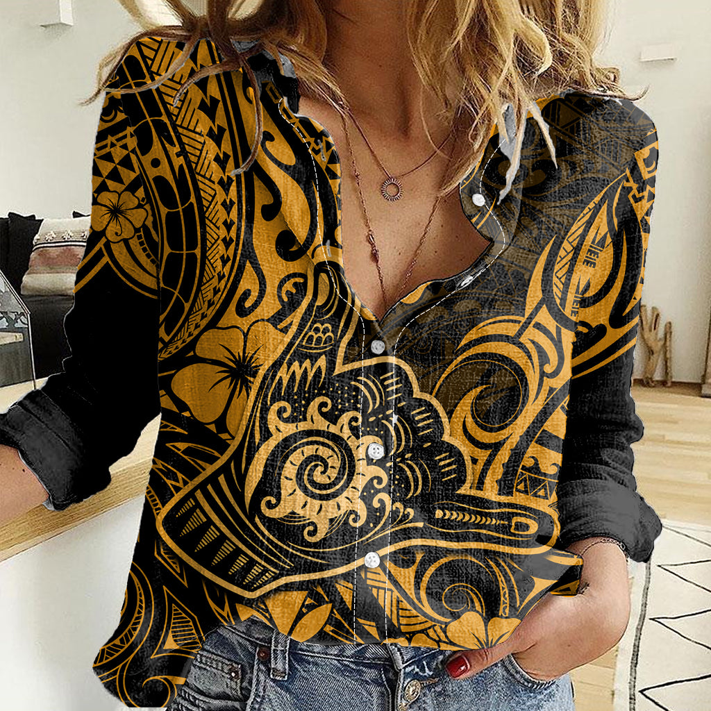 Hawaii Shaka Sign Women Casual Shirt With Polynesian Hibiscus Gold Unique LT01 Female Gold - Polynesian Pride