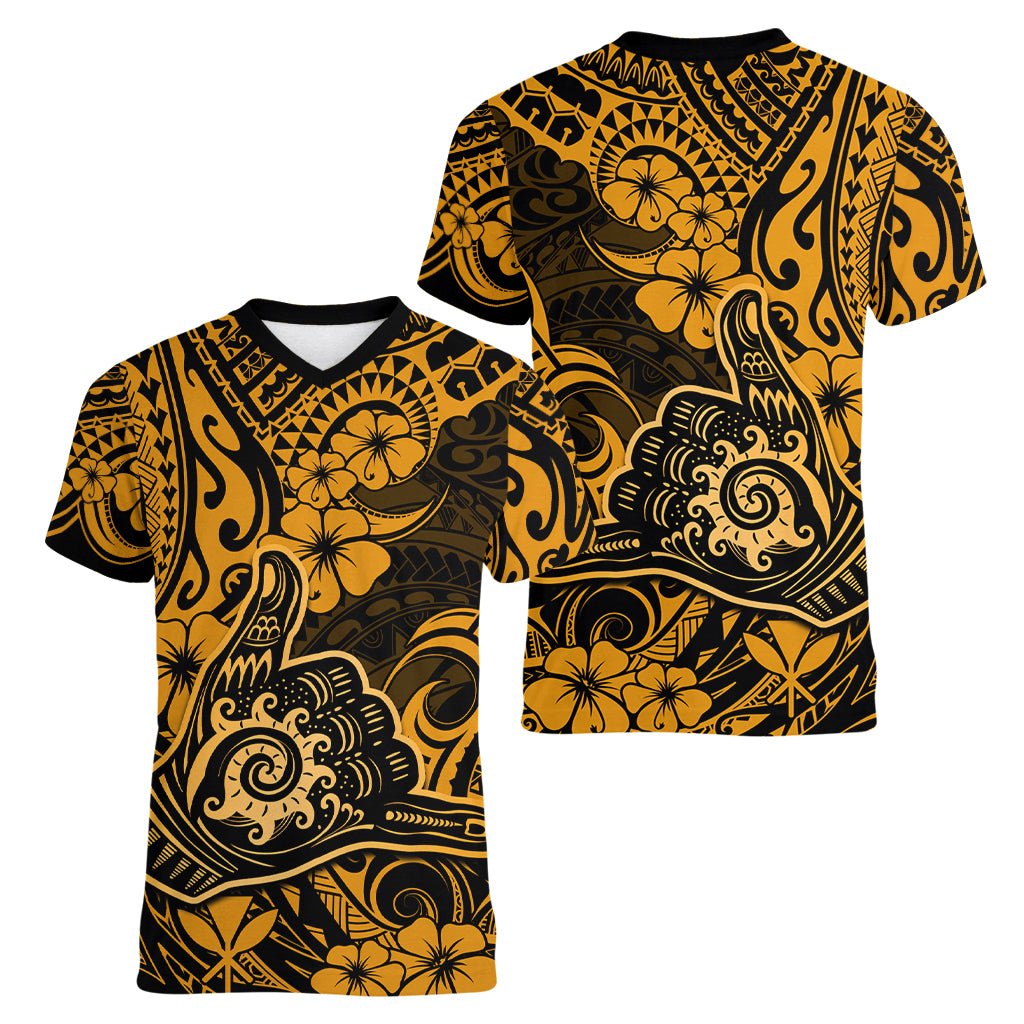 Hawaii Shaka Sign Women V Neck T Shirt With Polynesian Hibiscus Gold Unique LT01 - Polynesian Pride