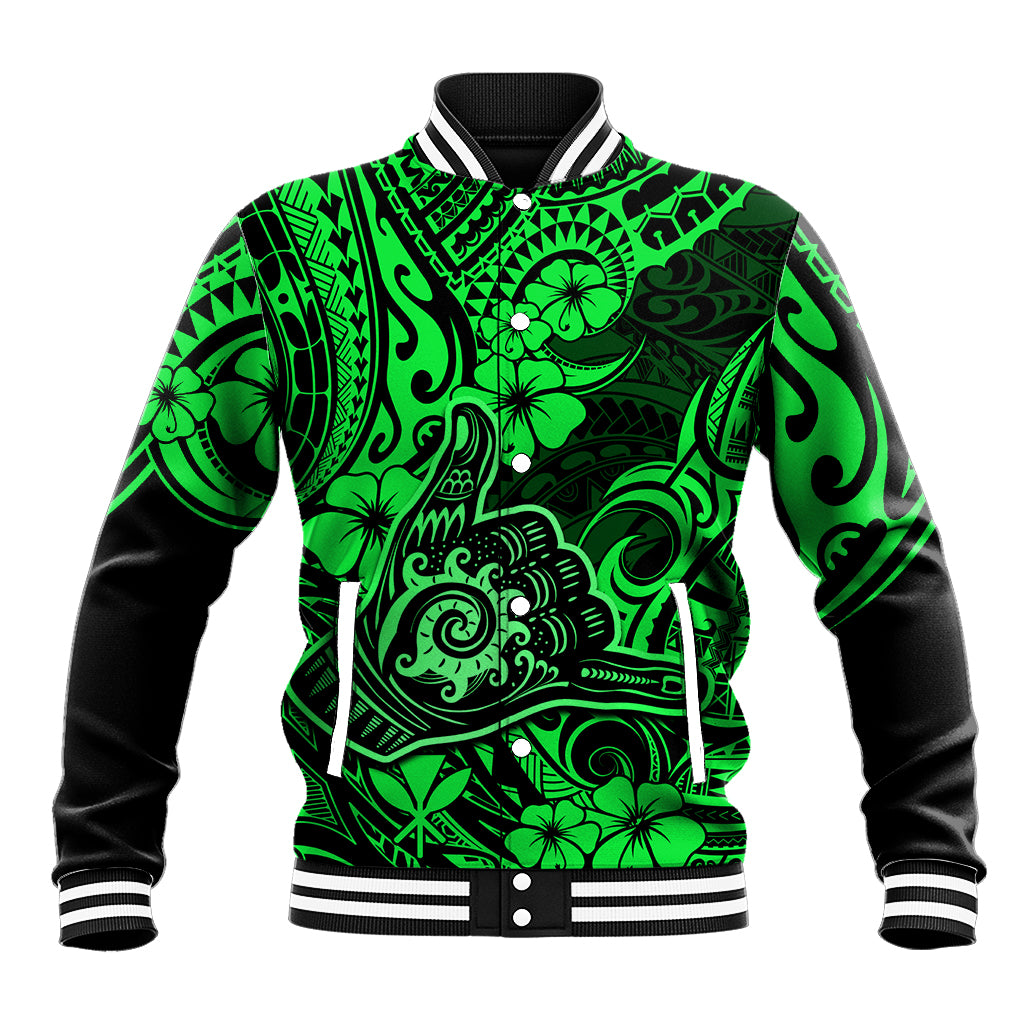 Hawaii Shaka Sign Baseball Jacket With Polynesian Hibiscus Green Unique LT01 Unisex Green - Polynesian Pride