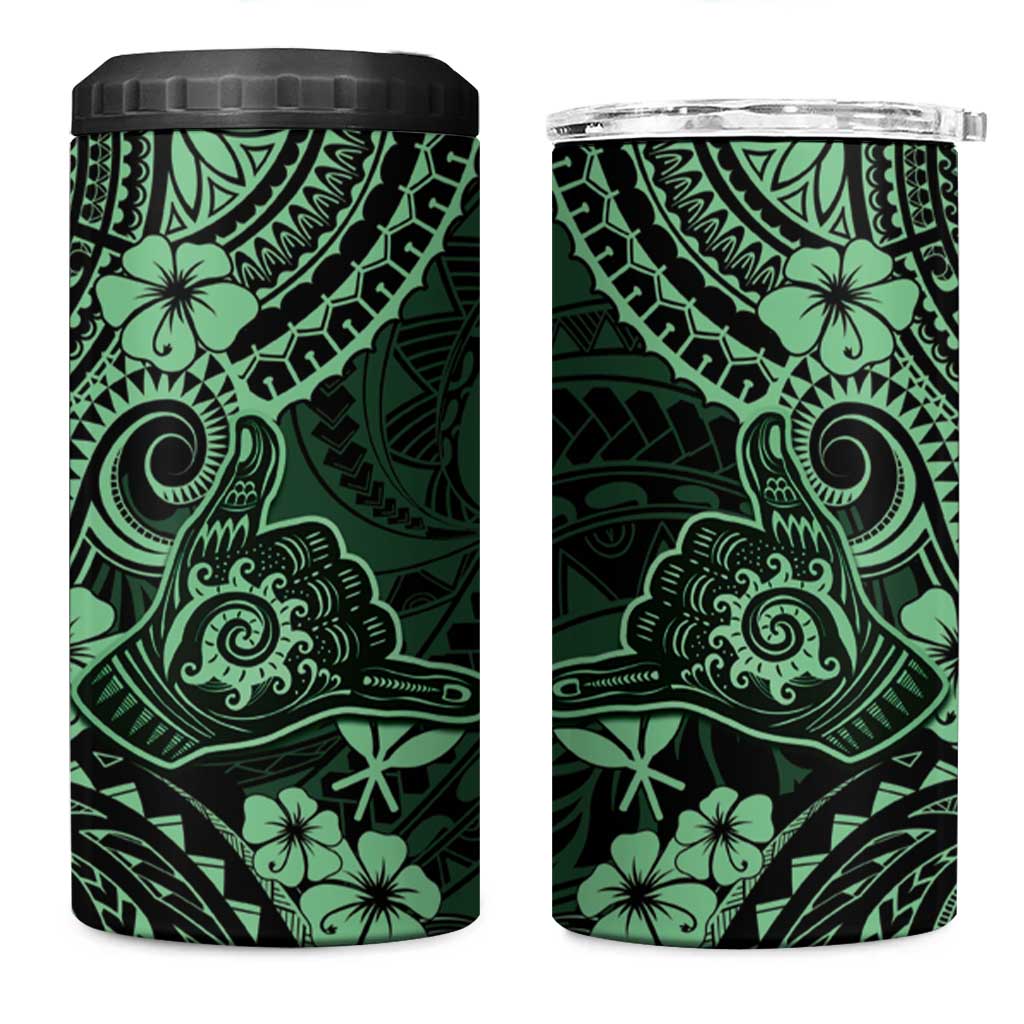 Hawaii Shaka Sign 4 in 1 Can Cooler Tumbler With Polynesian Hibiscus Green Unique