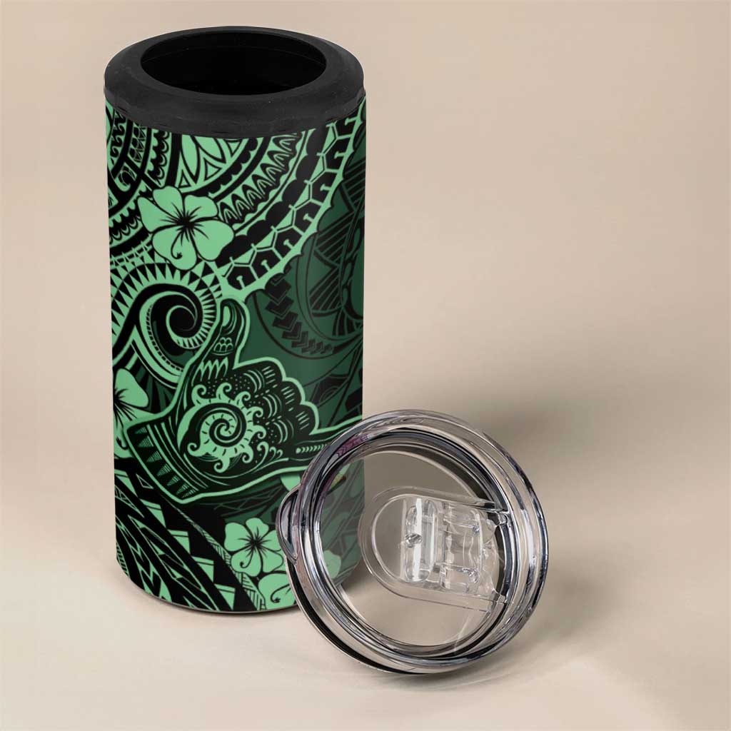 Hawaii Shaka Sign 4 in 1 Can Cooler Tumbler With Polynesian Hibiscus Green Unique