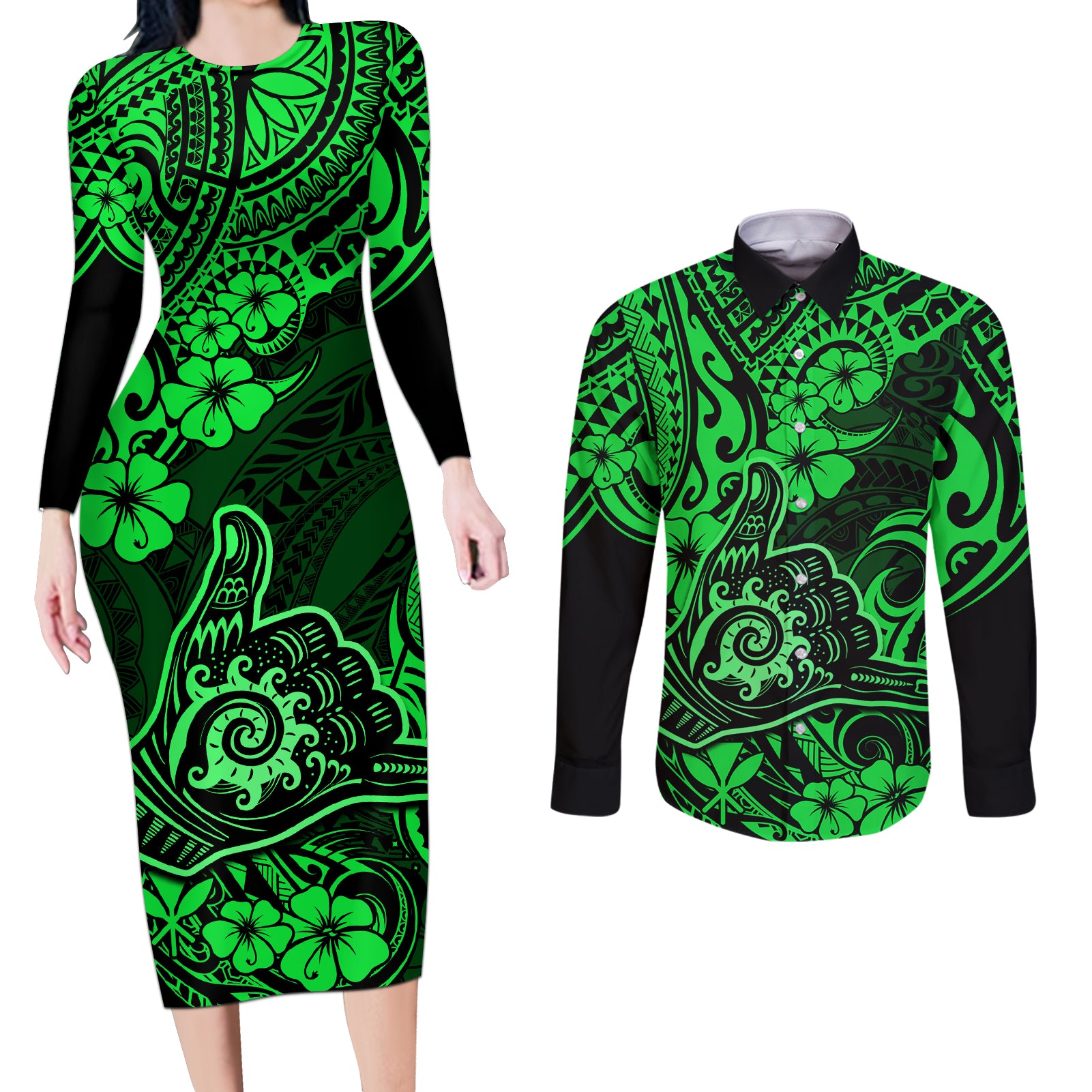 Hawaii Shaka Sign Couples Matching Long Sleeve Bodycon Dress and Long Sleeve Button Shirts With Polynesian Hibiscus Green Unique LT01 Green - Polynesian Pride