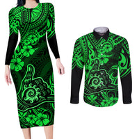 Hawaii Shaka Sign Couples Matching Long Sleeve Bodycon Dress and Long Sleeve Button Shirts With Polynesian Hibiscus Green Unique LT01 Green - Polynesian Pride