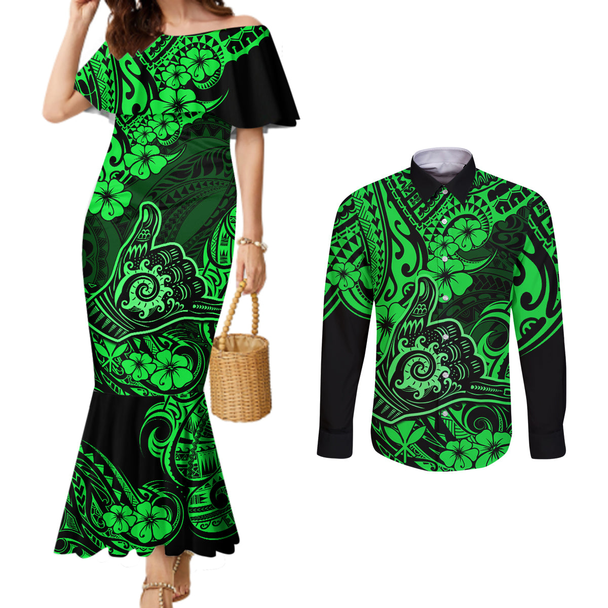 Hawaii Shaka Sign Couples Matching Mermaid Dress and Long Sleeve Button Shirts With Polynesian Hibiscus Green Unique LT01 Green - Polynesian Pride