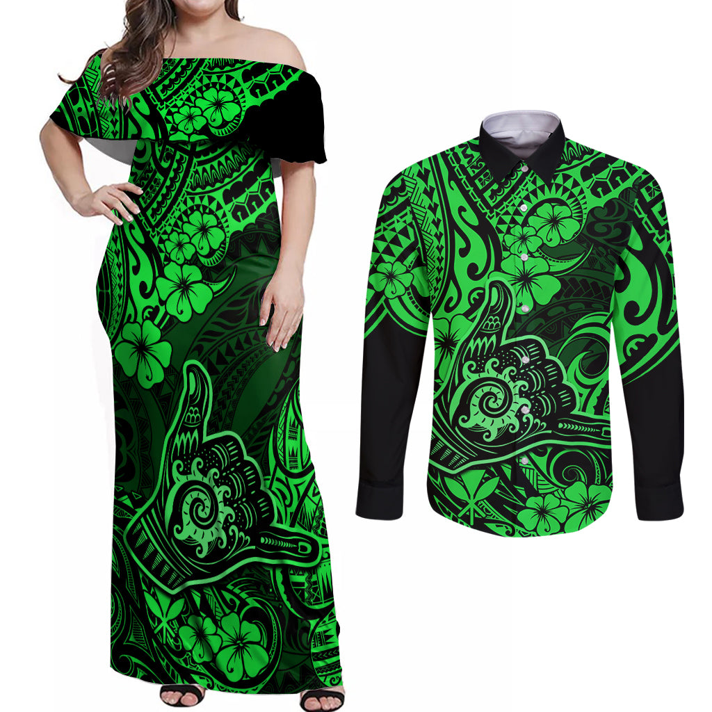 Hawaii Shaka Sign Couples Matching Off Shoulder Maxi Dress and Long Sleeve Button Shirts With Polynesian Hibiscus Green Unique LT01 Green - Polynesian Pride