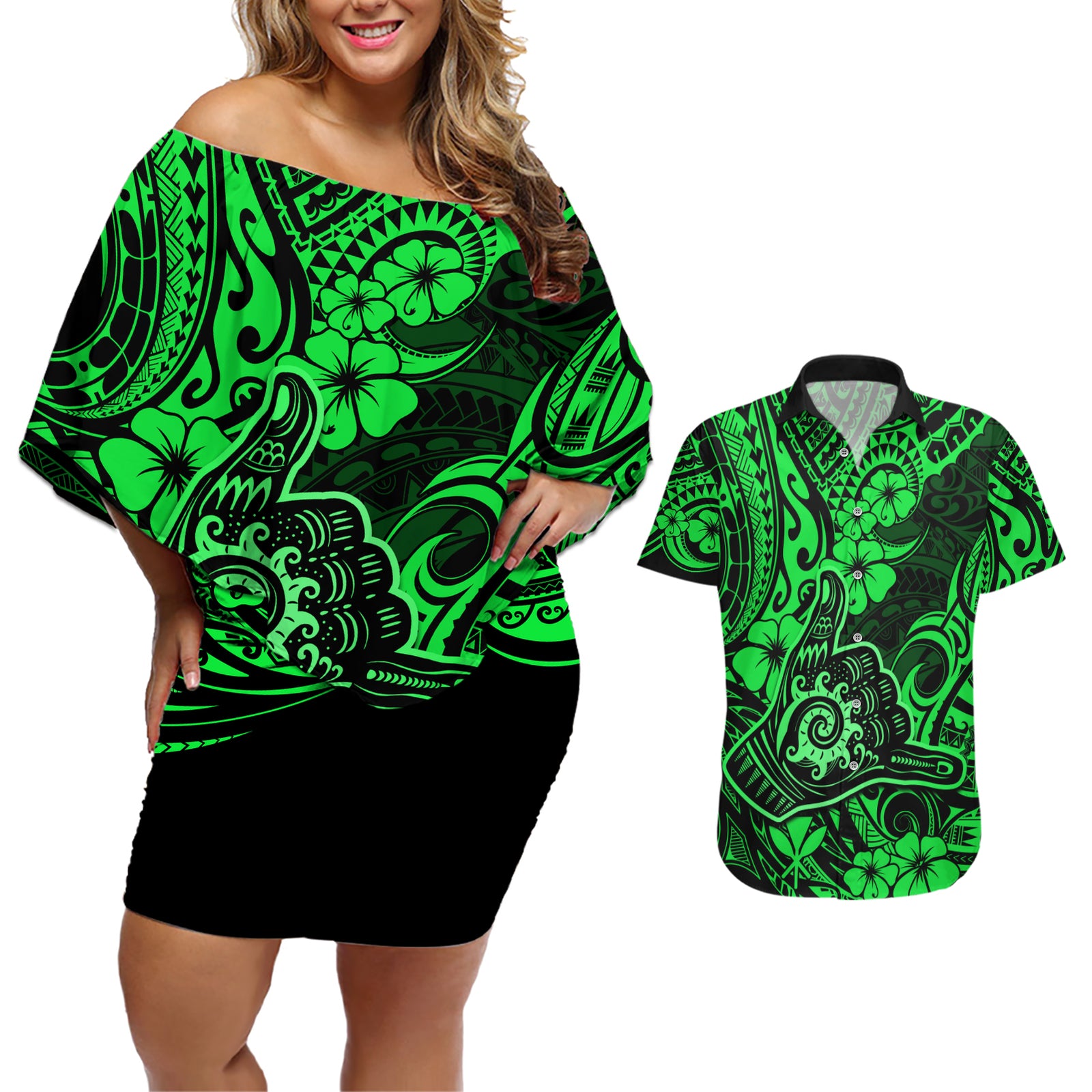 Hawaii Shaka Sign Couples Matching Off Shoulder Short Dress and Hawaiian Shirt With Polynesian Hibiscus Green Unique LT01 Green - Polynesian Pride