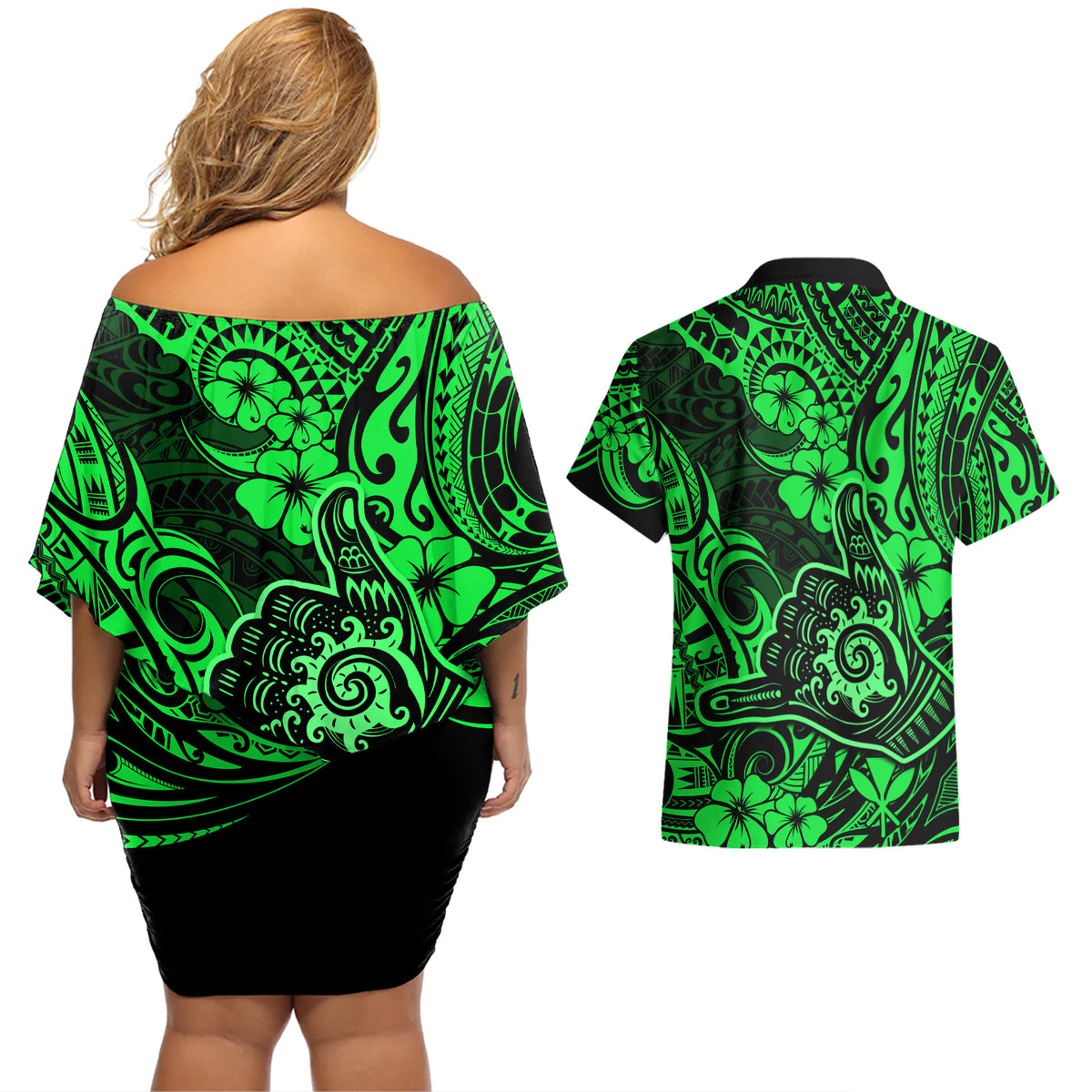 Hawaii Shaka Sign Couples Matching Off Shoulder Short Dress and Hawaiian Shirt With Polynesian Hibiscus Green Unique LT01 - Polynesian Pride