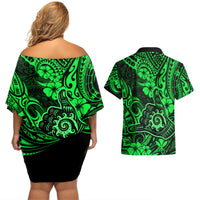 Hawaii Shaka Sign Couples Matching Off Shoulder Short Dress and Hawaiian Shirt With Polynesian Hibiscus Green Unique LT01 - Polynesian Pride