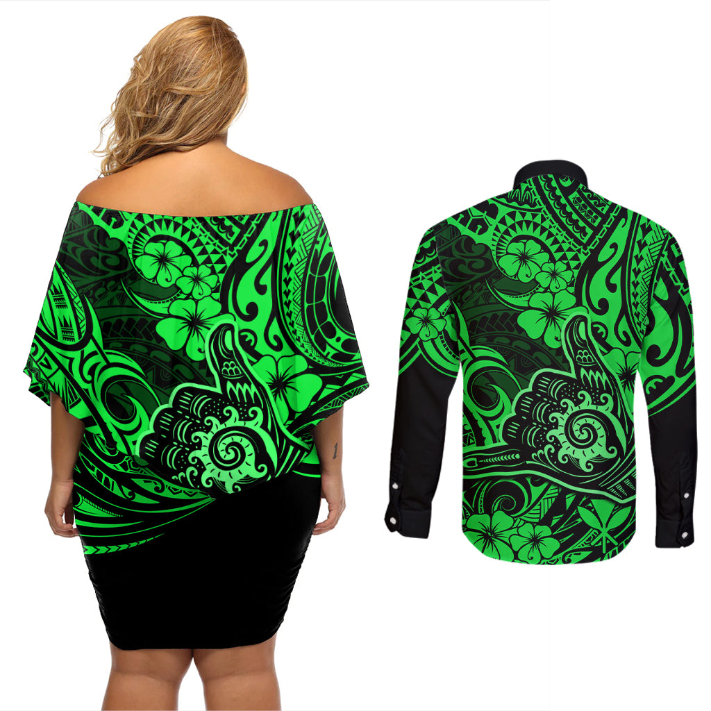 Hawaii Shaka Sign Couples Matching Off Shoulder Short Dress and Long Sleeve Button Shirts With Polynesian Hibiscus Green Unique LT01 - Polynesian Pride