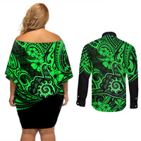 Hawaii Shaka Sign Couples Matching Off Shoulder Short Dress and Long Sleeve Button Shirts With Polynesian Hibiscus Green Unique LT01 - Polynesian Pride
