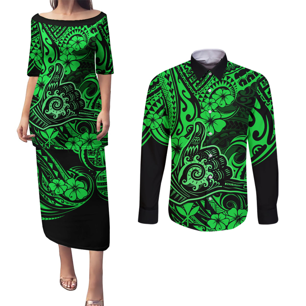 Hawaii Shaka Sign Couples Matching Puletasi Dress and Long Sleeve Button Shirts With Polynesian Hibiscus Green Unique LT01 Green - Polynesian Pride