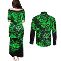 Hawaii Shaka Sign Couples Matching Puletasi Dress and Long Sleeve Button Shirts With Polynesian Hibiscus Green Unique LT01 - Polynesian Pride