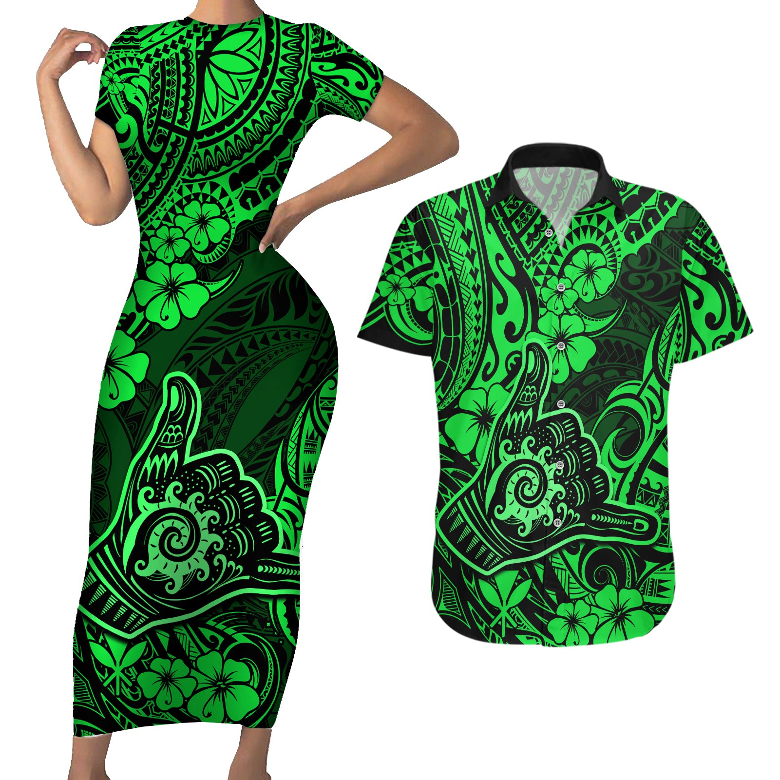 Hawaii Shaka Sign Couples Matching Short Sleeve Bodycon Dress and Hawaiian Shirt With Polynesian Hibiscus Green Unique LT01 Green - Polynesian Pride