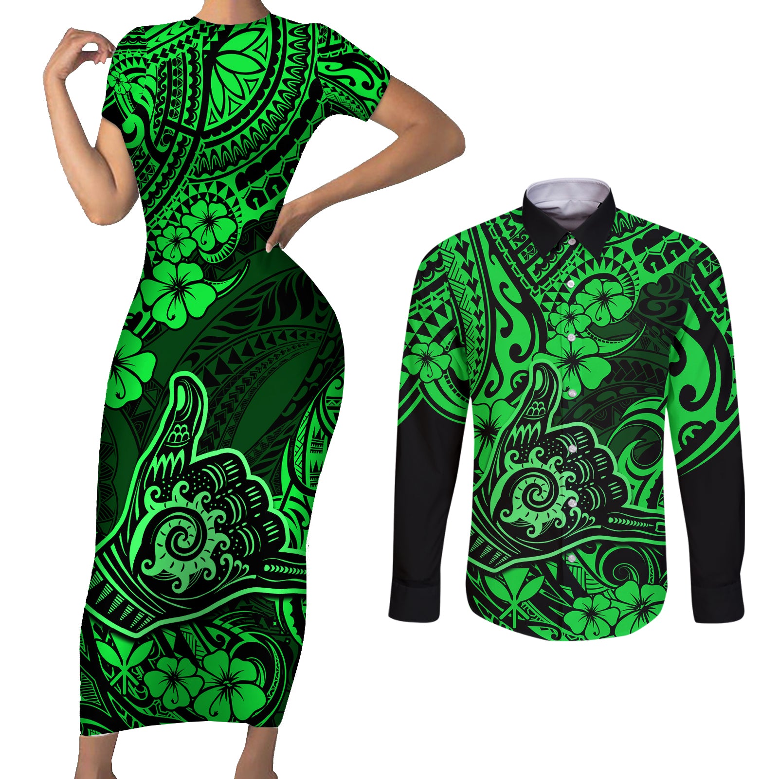 Hawaii Shaka Sign Couples Matching Short Sleeve Bodycon Dress and Long Sleeve Button Shirts With Polynesian Hibiscus Green Unique LT01 Green - Polynesian Pride