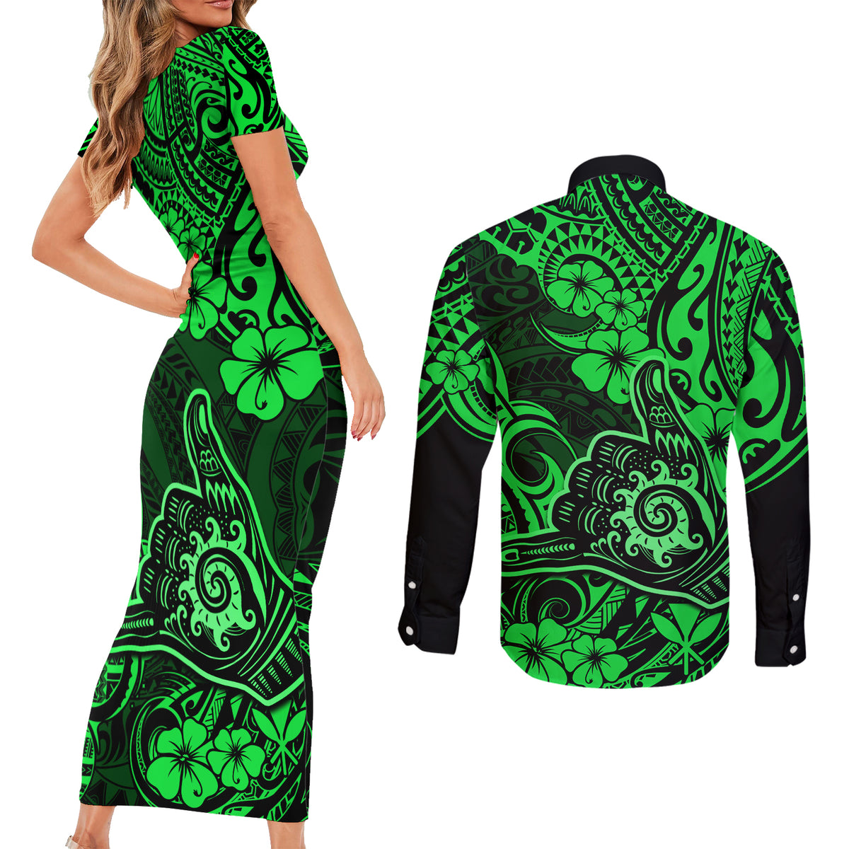 Hawaii Shaka Sign Couples Matching Short Sleeve Bodycon Dress and Long Sleeve Button Shirts With Polynesian Hibiscus Green Unique LT01 - Polynesian Pride