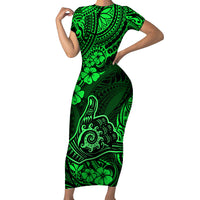 Hawaii Shaka Sign Family Matching Short Sleeve Bodycon Dress and Hawaiian Shirt With Polynesian Hibiscus Green Unique LT01 Mom's Dress Green - Polynesian Pride
