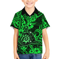 Hawaii Shaka Sign Family Matching Short Sleeve Bodycon Dress and Hawaiian Shirt With Polynesian Hibiscus Green Unique LT01 Son's Shirt Green - Polynesian Pride