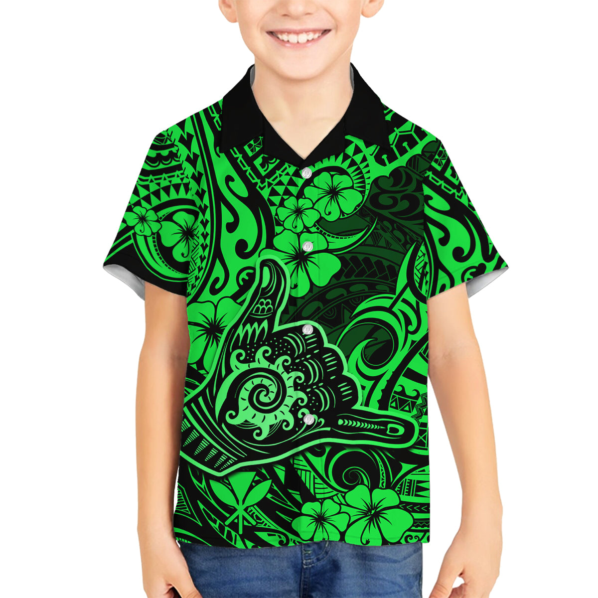 Hawaii Shaka Sign Family Matching Summer Maxi Dress and Hawaiian Shirt With Polynesian Hibiscus Green Unique LT01 Son's Shirt Green - Polynesian Pride
