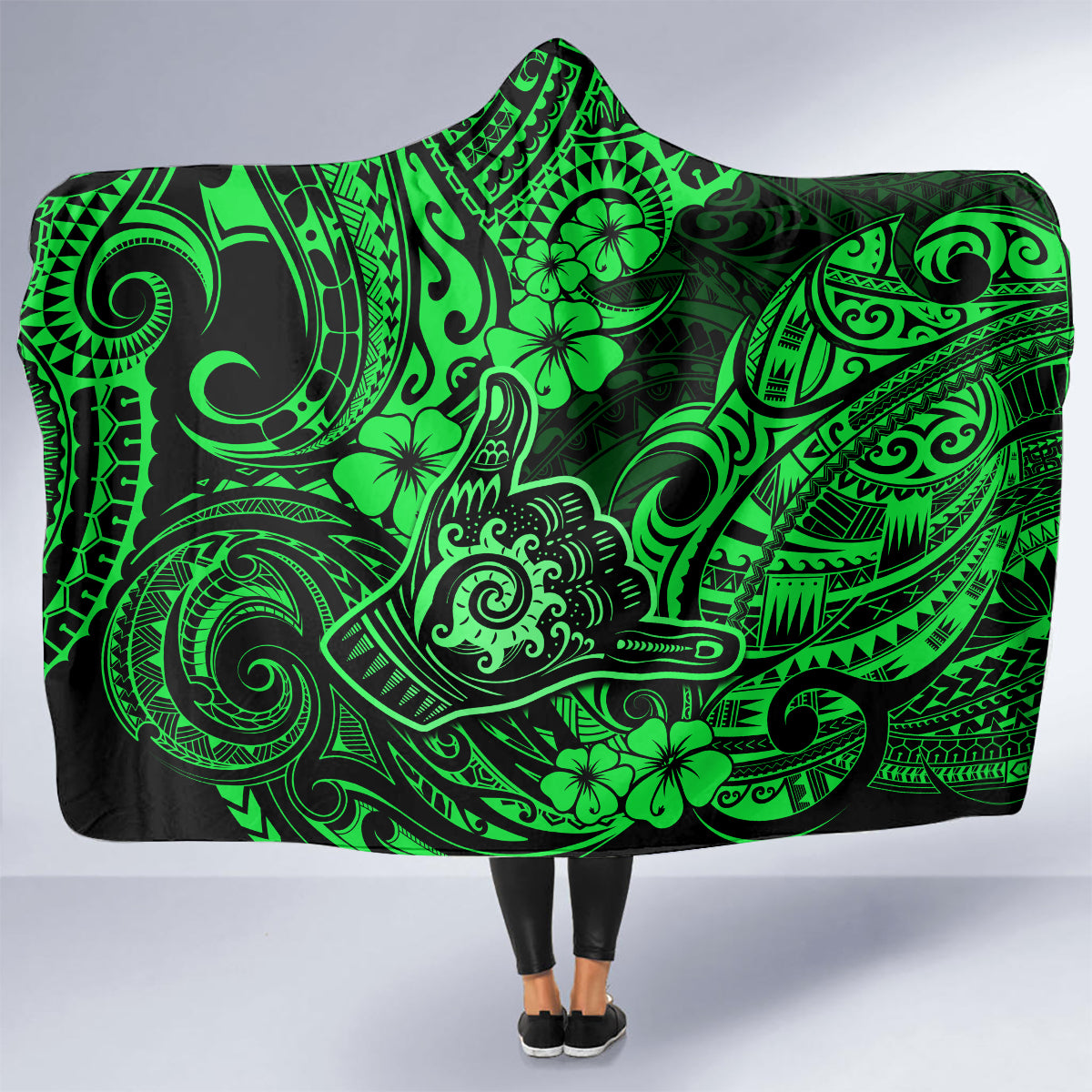 Hawaii Shaka Sign Hooded Blanket With Polynesian Hibiscus Green Unique LT01 - Polynesian Pride