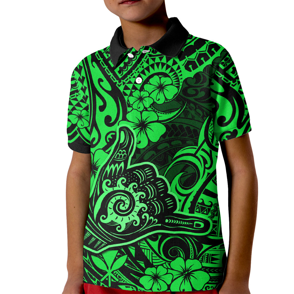 Hawaii Shaka Sign Kid Polo Shirt With Polynesian Hibiscus Green Unique LT01 Kid Green - Polynesian Pride