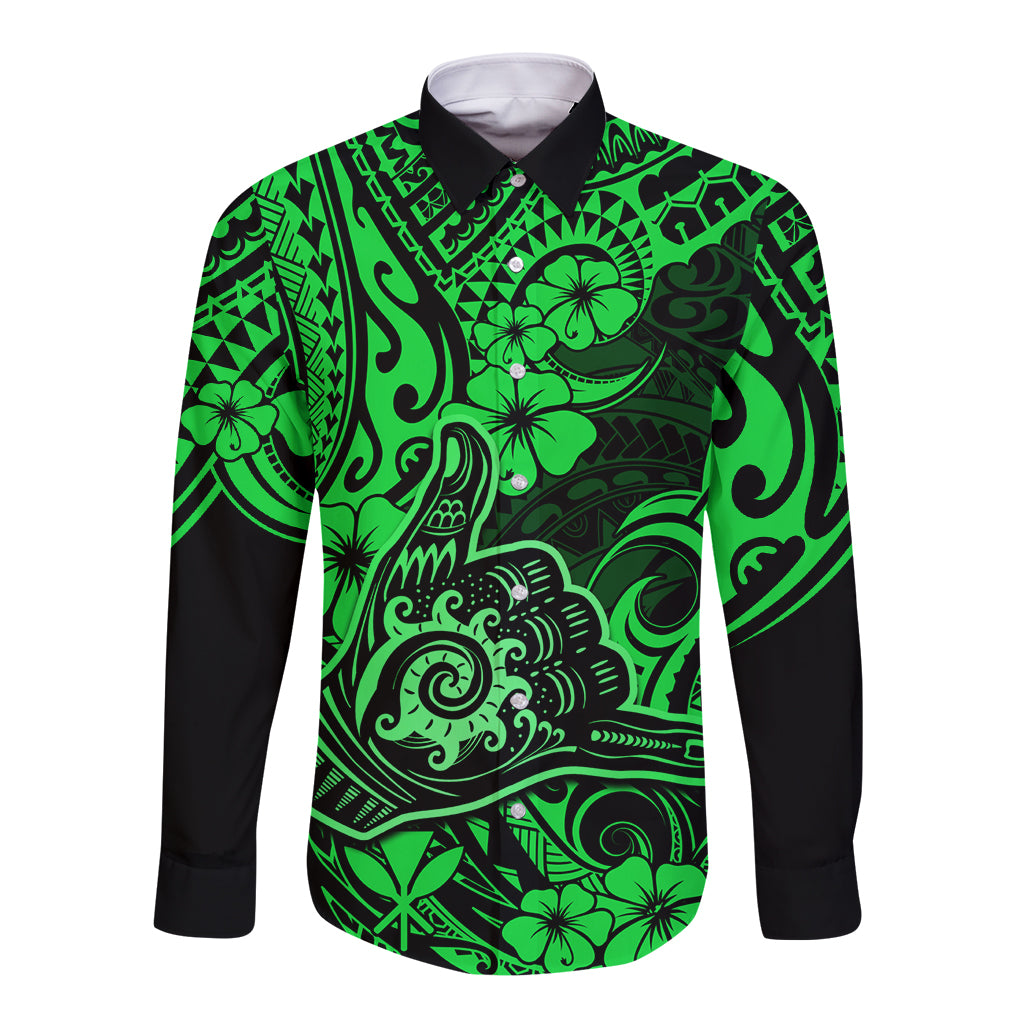 Hawaii Shaka Sign Long Sleeve Button Shirt With Polynesian Hibiscus Green Unique LT01 Unisex Green - Polynesian Pride