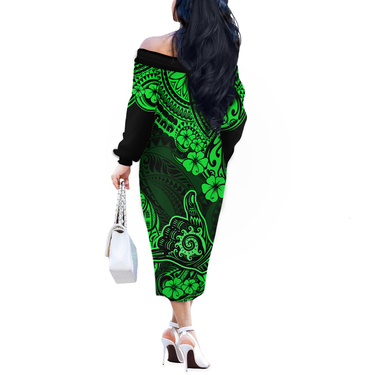 Hawaii Shaka Sign Off The Shoulder Long Sleeve Dress With Polynesian Hibiscus Green Unique LT01 - Polynesian Pride