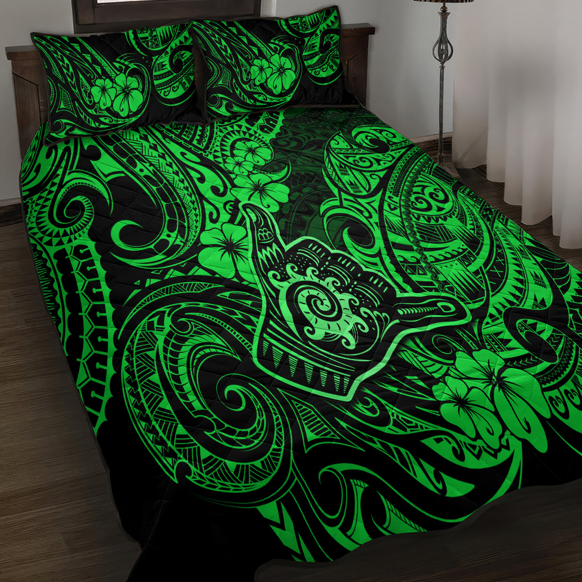 Hawaii Shaka Sign Quilt Bed Set With Polynesian Hibiscus Green Unique LT01 - Polynesian Pride