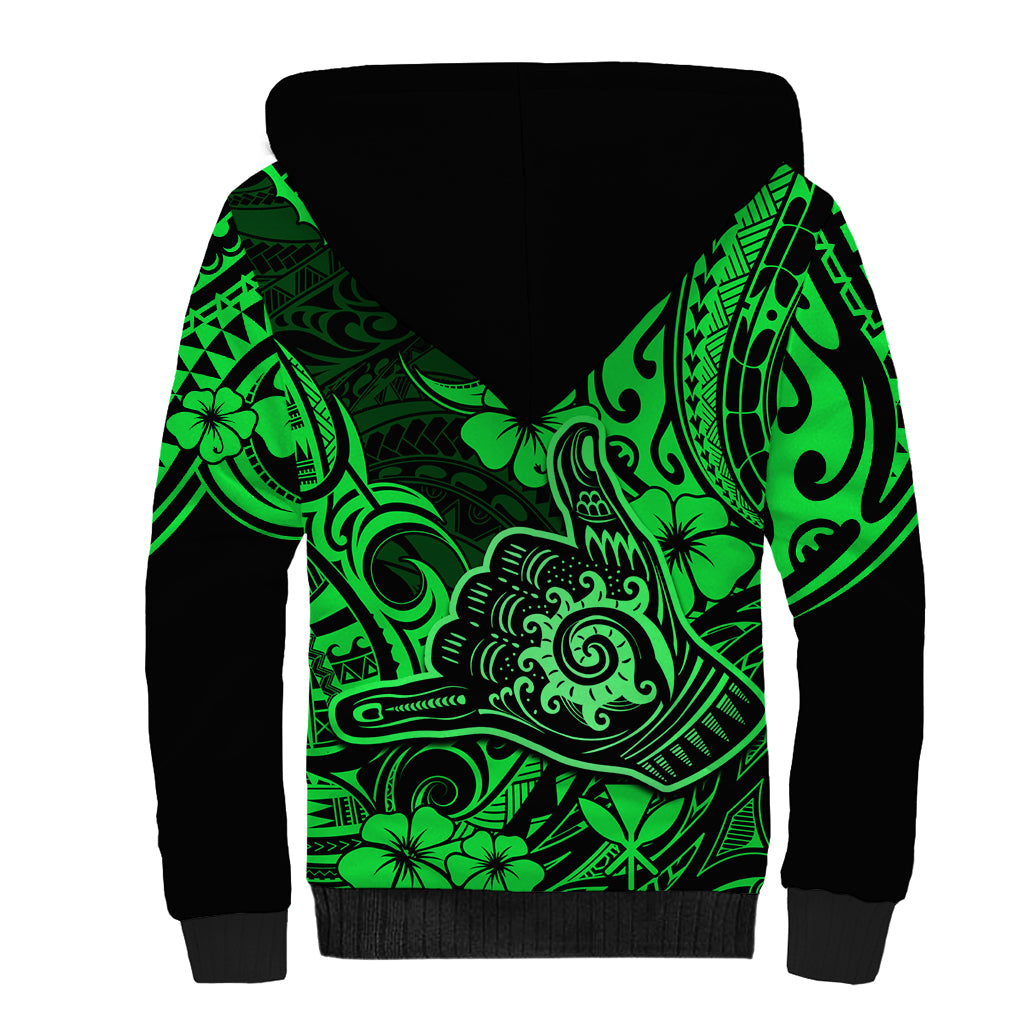 Hawaii Shaka Sign Sherpa Hoodie With Polynesian Hibiscus Green Unique LT01 - Polynesian Pride