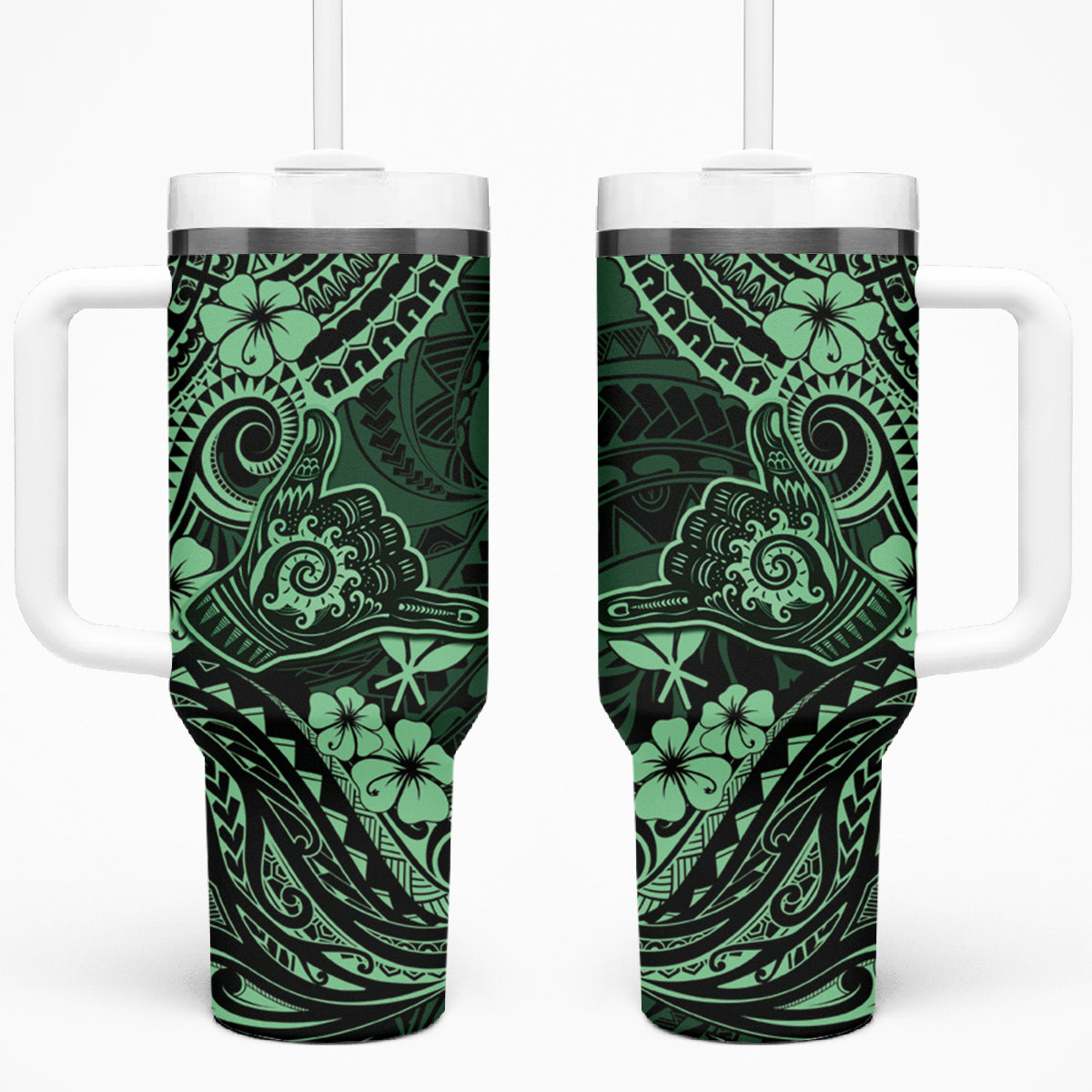 Hawaii Shaka Sign Tumbler With Handle With Polynesian Hibiscus Green Unique