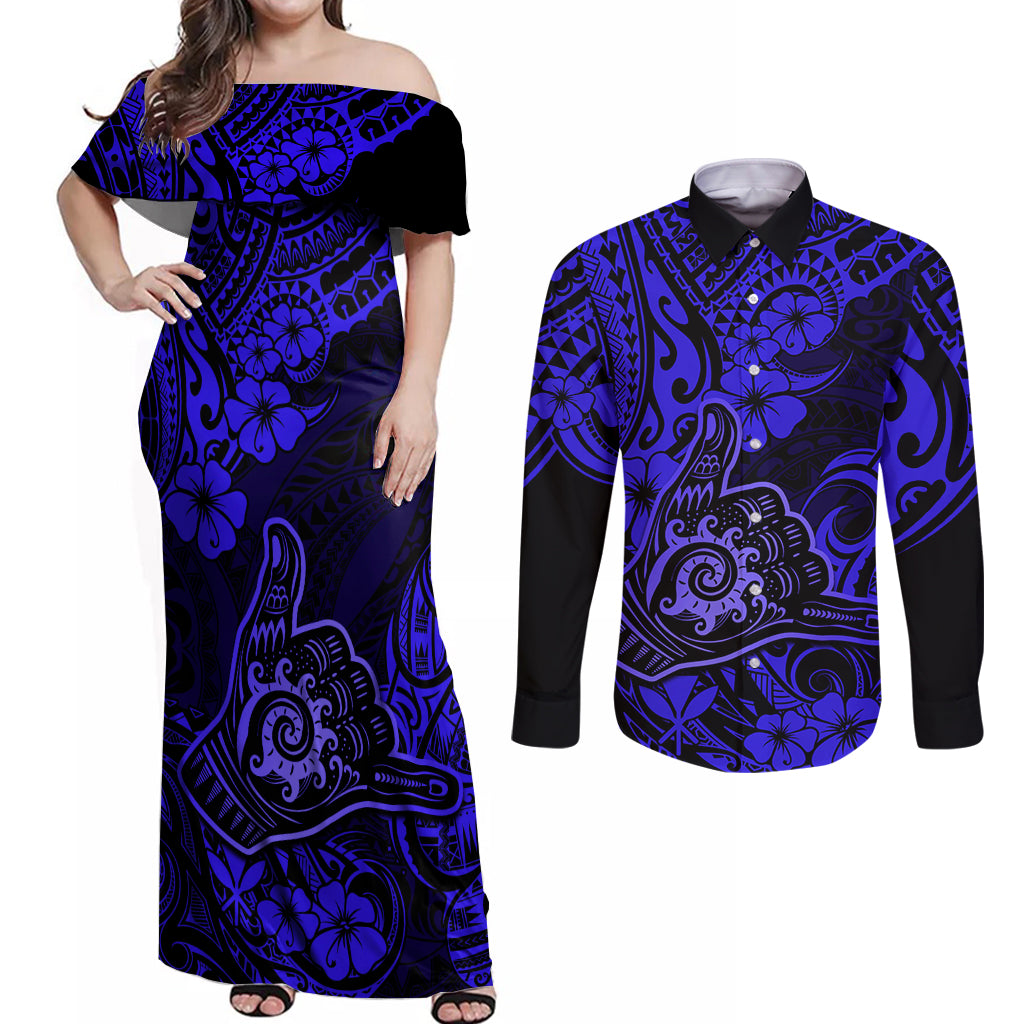 Hawaii Shaka Sign Couples Matching Off Shoulder Maxi Dress and Long Sleeve Button Shirts With Polynesian Hibiscus Navy Blue Unique LT01 Blue - Polynesian Pride