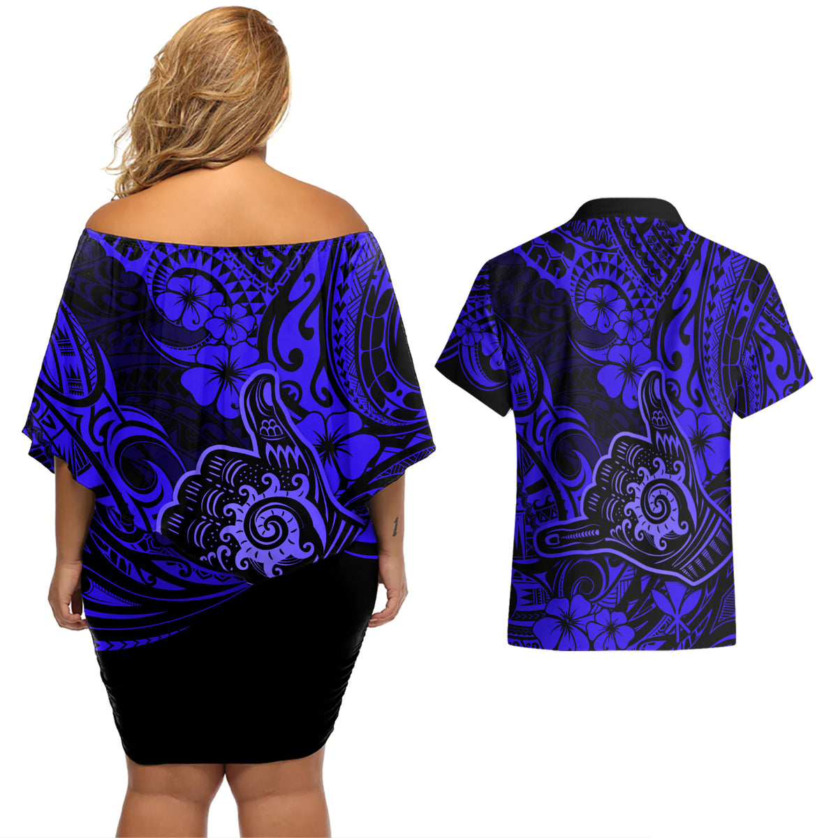 Hawaii Shaka Sign Couples Matching Off Shoulder Short Dress and Hawaiian Shirt With Polynesian Hibiscus Navy Blue Unique LT01 - Polynesian Pride