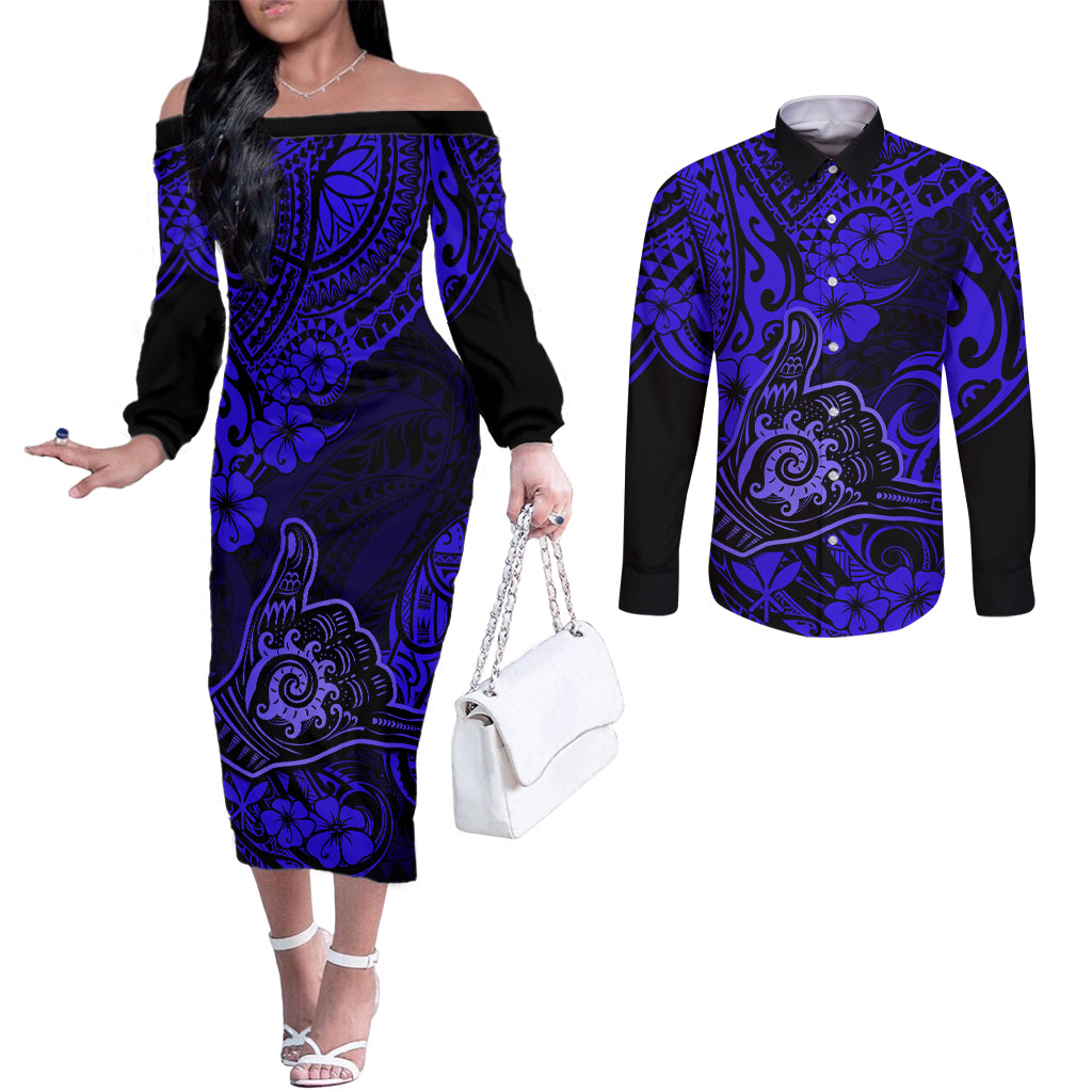 Hawaii Shaka Sign Couples Matching Off The Shoulder Long Sleeve Dress and Long Sleeve Button Shirts With Polynesian Hibiscus Navy Blue Unique LT01 Blue - Polynesian Pride