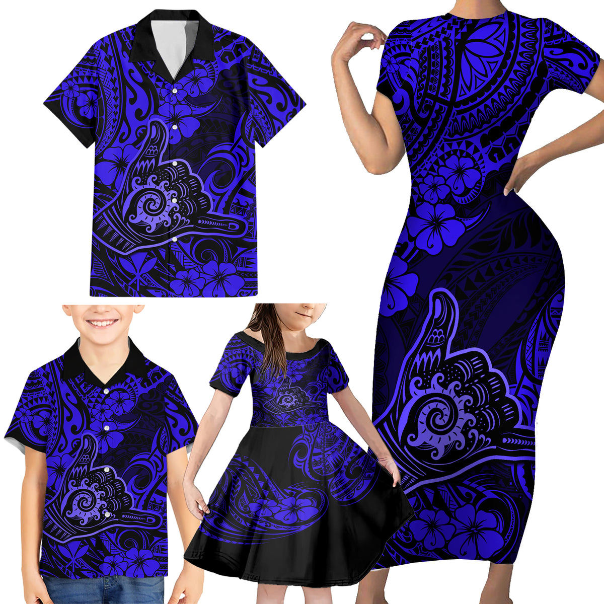 Hawaii Shaka Sign Family Matching Short Sleeve Bodycon Dress and Hawaiian Shirt With Polynesian Hibiscus Navy Blue Unique LT01 - Polynesian Pride