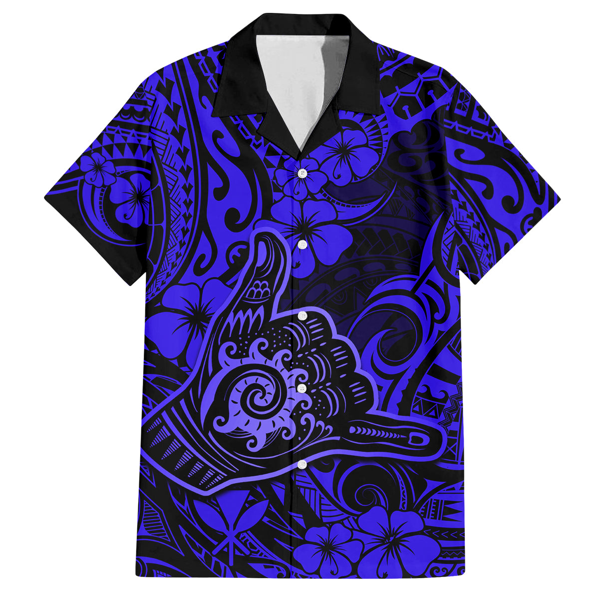 Hawaii Shaka Sign Family Matching Summer Maxi Dress and Hawaiian Shirt With Polynesian Hibiscus Navy Blue Unique LT01 Dad's Shirt - Short Sleeve Blue - Polynesian Pride