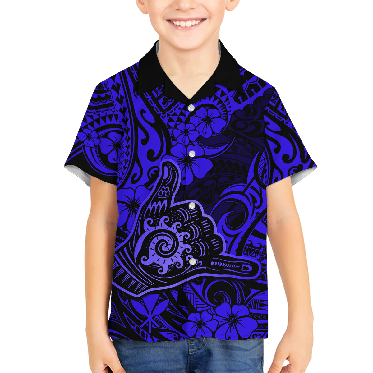 Hawaii Shaka Sign Family Matching Summer Maxi Dress and Hawaiian Shirt With Polynesian Hibiscus Navy Blue Unique LT01 Son's Shirt Blue - Polynesian Pride
