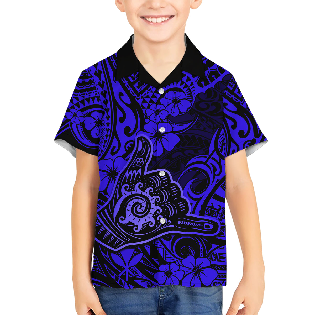 Hawaii Shaka Sign Kid Hawaiian Shirt With Polynesian Hibiscus Navy Blue Unique LT01 Kid Blue - Polynesian Pride
