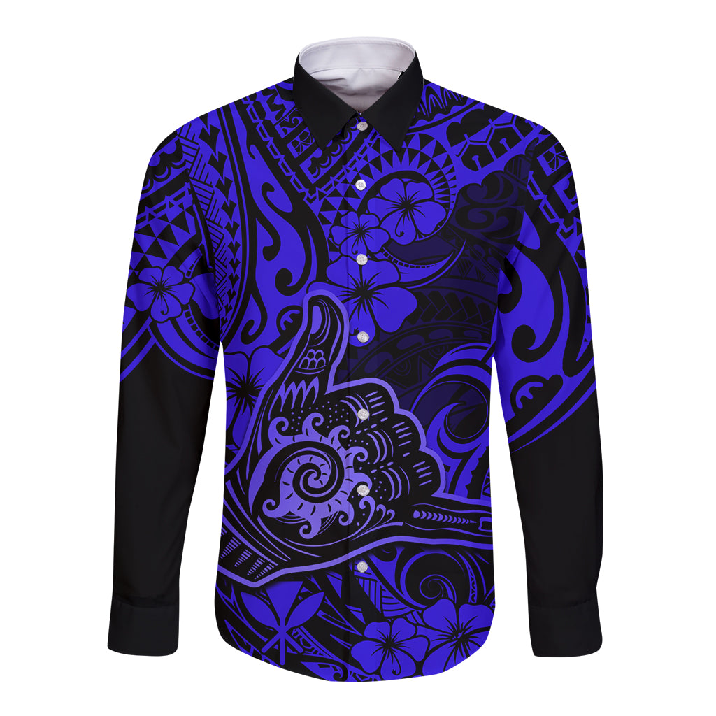 Hawaii Shaka Sign Long Sleeve Button Shirt With Polynesian Hibiscus Navy Blue Unique LT01 Unisex Blue - Polynesian Pride
