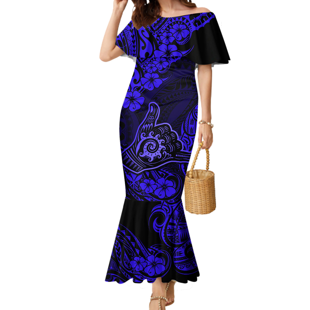 Hawaii Shaka Sign Mermaid Dress With Polynesian Hibiscus Navy Blue Unique LT01 Women Blue - Polynesian Pride