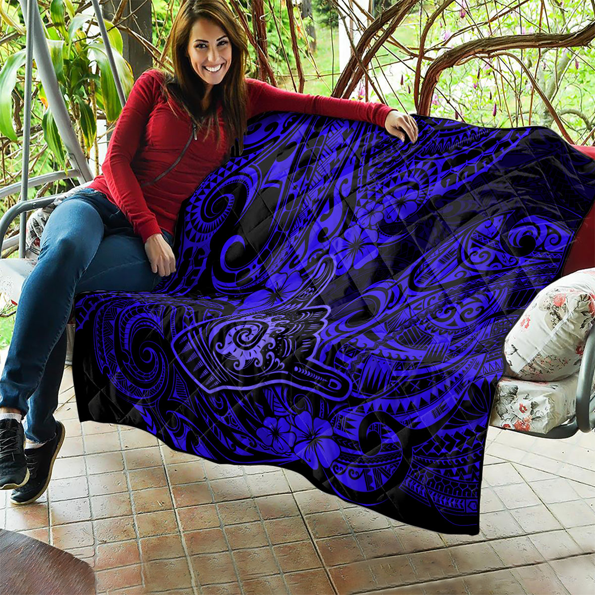 Hawaii Shaka Sign Quilt With Polynesian Hibiscus Navy Blue Unique LT01 - Polynesian Pride