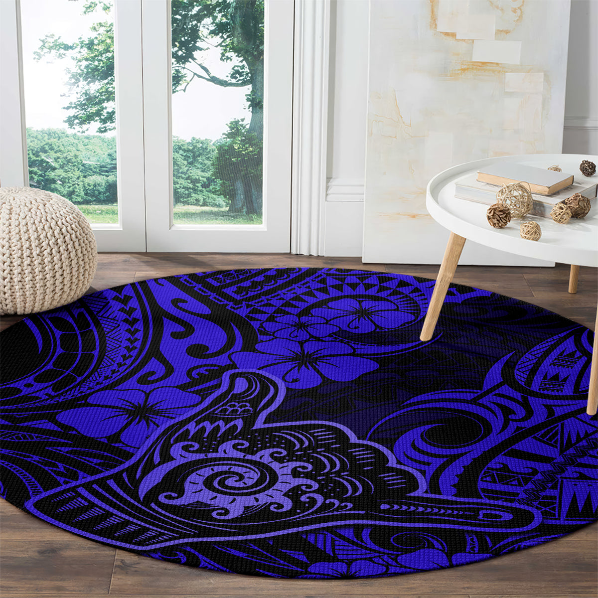 Hawaii Shaka Sign Round Carpet With Polynesian Hibiscus Navy Blue Unique LT01 - Polynesian Pride