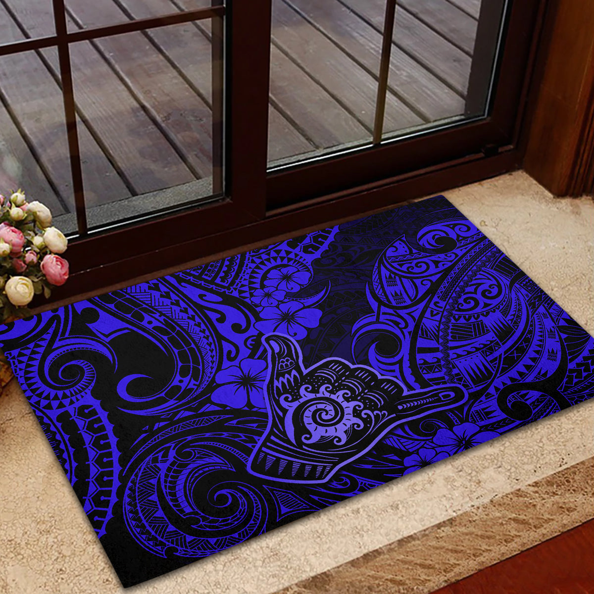Hawaii Shaka Sign Rubber Doormat With Polynesian Hibiscus Navy Blue Unique LT01 - Polynesian Pride