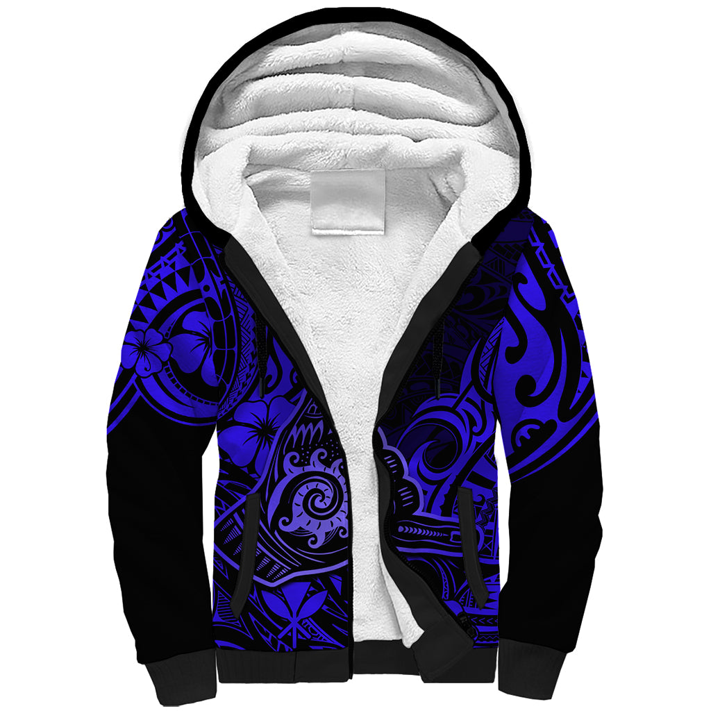 Hawaii Shaka Sign Sherpa Hoodie With Polynesian Hibiscus Navy Blue Unique LT01 Unisex Blue - Polynesian Pride