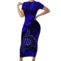 Hawaii Shaka Sign Short Sleeve Bodycon Dress With Polynesian Hibiscus Navy Blue Unique LT01 Long Dress Blue - Polynesian Pride
