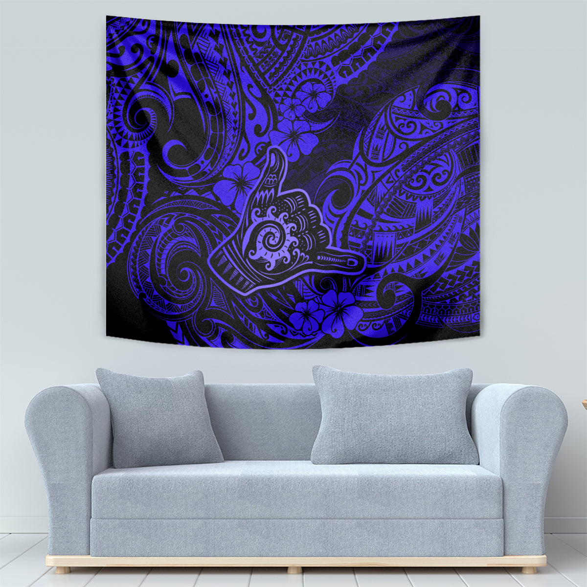 Hawaii Shaka Sign Tapestry With Polynesian Hibiscus Navy Blue Unique LT01 - Polynesian Pride