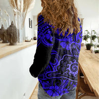 Hawaii Shaka Sign Women Casual Shirt With Polynesian Hibiscus Navy Blue Unique LT01 - Polynesian Pride