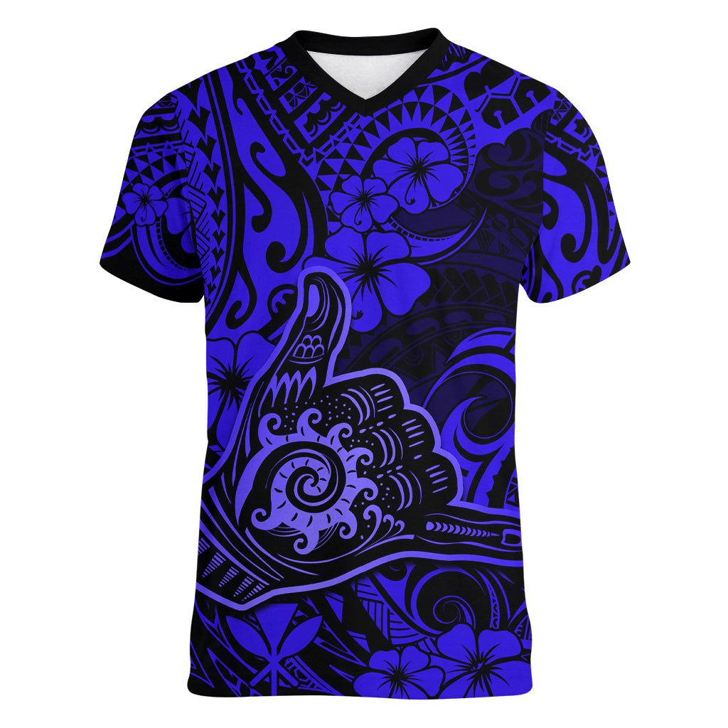 Hawaii Shaka Sign Women V Neck T Shirt With Polynesian Hibiscus Navy Blue Unique LT01 Female Blue - Polynesian Pride