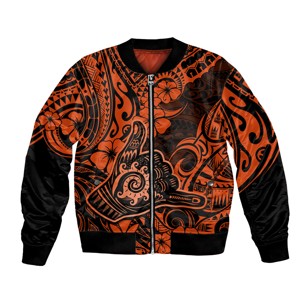 Hawaii Shaka Sign Bomber Jacket With Polynesian Hibiscus Orange Unique LT01 Unisex Orange - Polynesian Pride