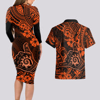 Hawaii Shaka Sign Couples Matching Long Sleeve Bodycon Dress and Hawaiian Shirt With Polynesian Hibiscus Orange Unique LT01 - Polynesian Pride